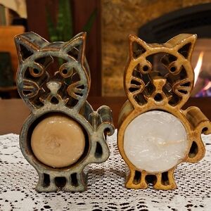 Hand Crafted & Signed Candlepots Gold & Blue Cat Tea Light Holders, Set of 2